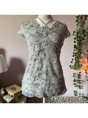 Y2K fairycore lacy blouse with floral embroidery